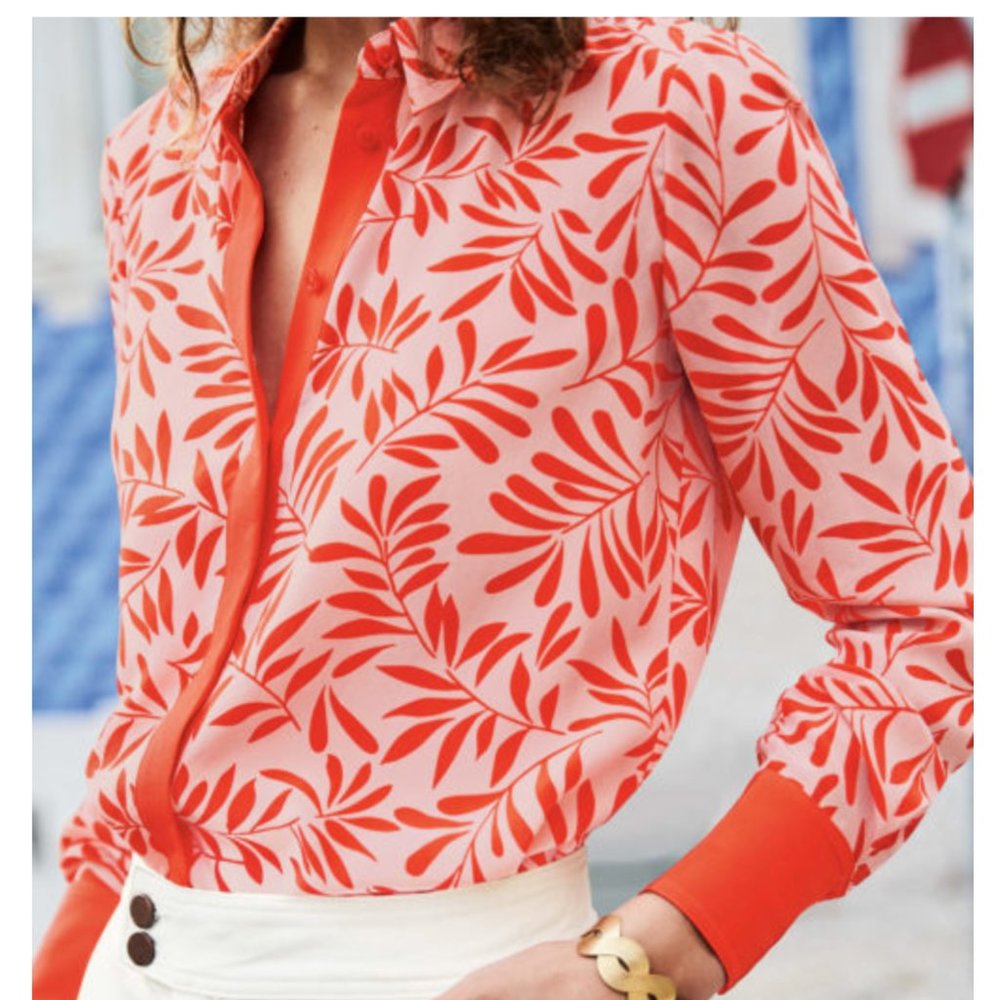 Boden Red Floral Leaf Print Button Down Shirt Blouse 100% Silk US 6